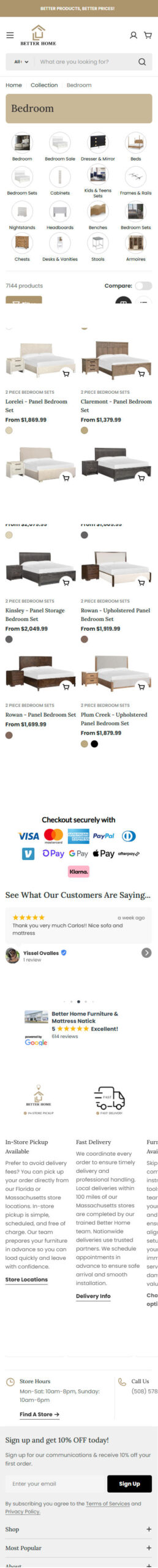 Mobile view of betterhomefurniture.com shopify store redesign